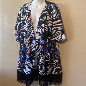 NY Collection Woman 1X black blue patterned fringed top stretchy